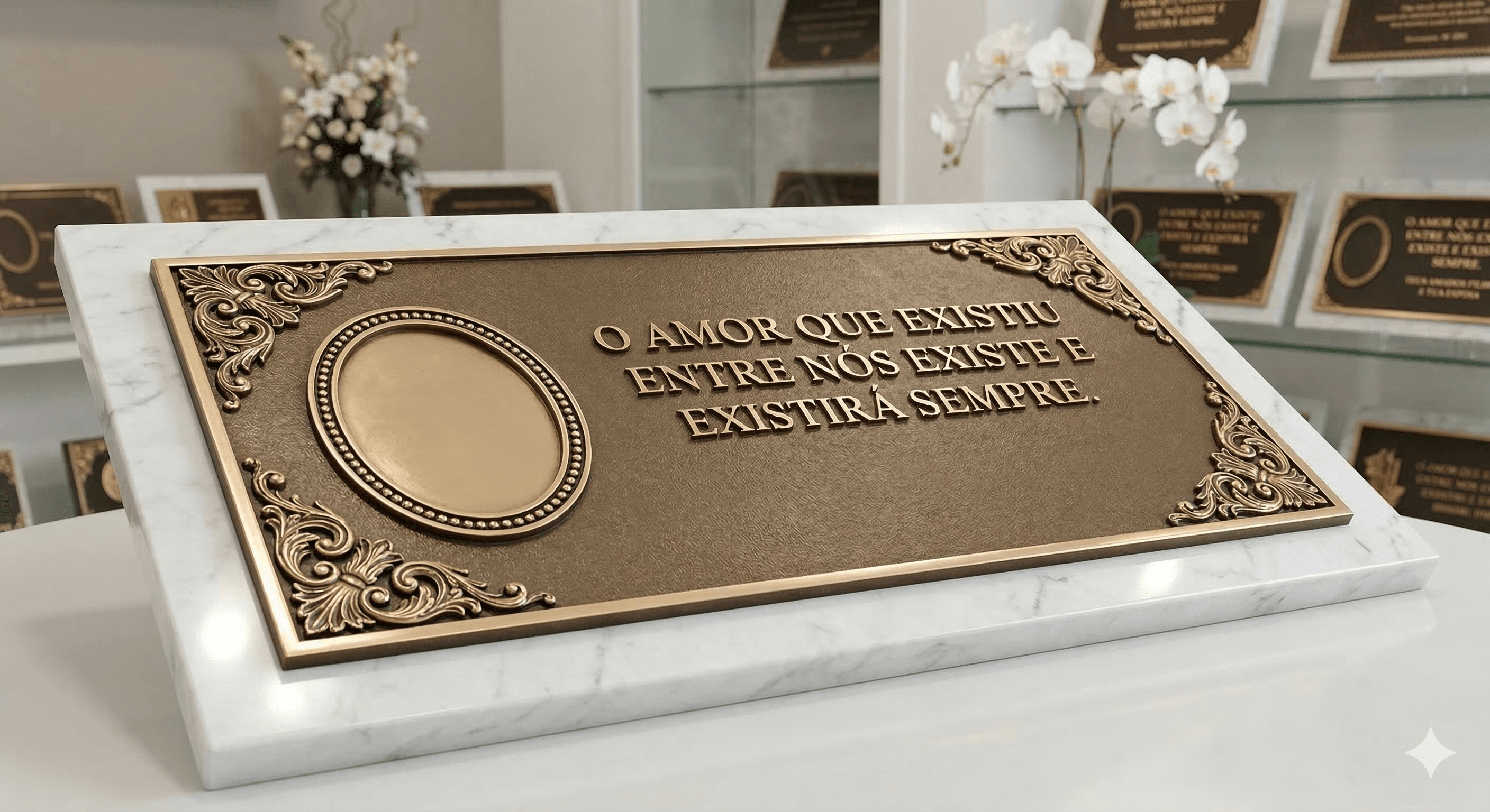 Artigos em bronze como placas, crucifixos e ornamentos personalizados para túmulos